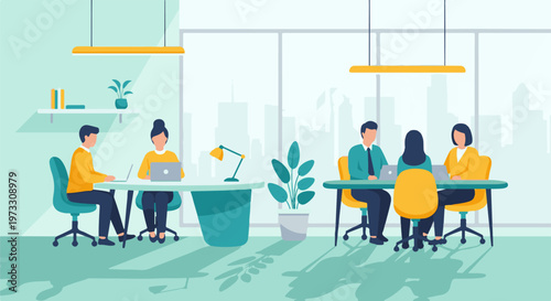 Professionals collaborating at desks in a modern office, with city skyline visible through large windows