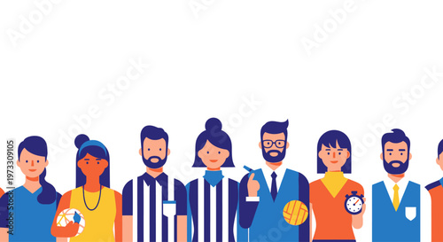 Diverse group of people, soccer team, coach, referee, and fan illustration