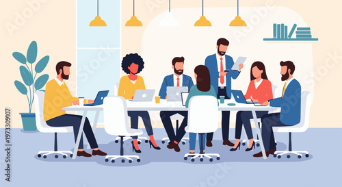 Diverse professionals collaborate around a modern conference table, utilizing laptops and tablets for productive discussion