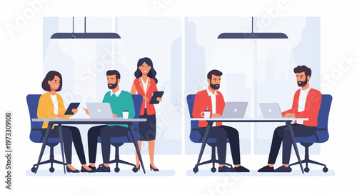 Diverse group of professionals collaborate and work on laptops in a modern office setting