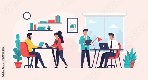 Diverse professionals collaborate in a modern office setting, surrounded by plants and natural light