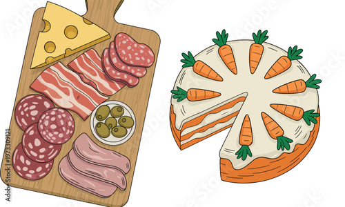 Charcuterie board with cheese salami bacon and olives alongside a carrot cake with cream frosting and mini carrot decorations vector illustration