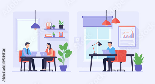 Colleagues collaborate in separate office spaces, working on laptops and reviewing data