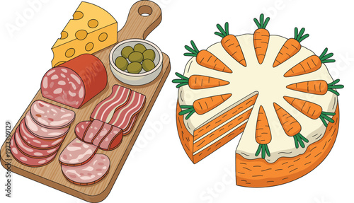 Charcuterie platter with sliced salami cheese bacon and olives next to a frosted carrot cake with mini carrot toppers vector illustration