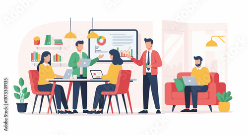 Business team collaborating in a modern office with data visualization on screen and laptops