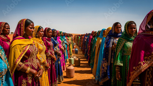 A long line of women wearing traditional vibrant and colorful south asian attire including ornate headscarves and embroidered clothing wait patiently for their daily water supply while standing