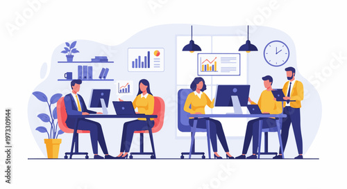 Office workers collaborate and analyze data at their computers in a modern workspace