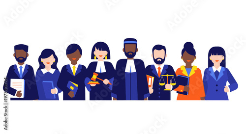 Diverse group of legal professionals, judges, lawyers, justice system, law and order, legal team