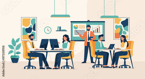 Diverse team in a modern office engaged in presentation and work at computers