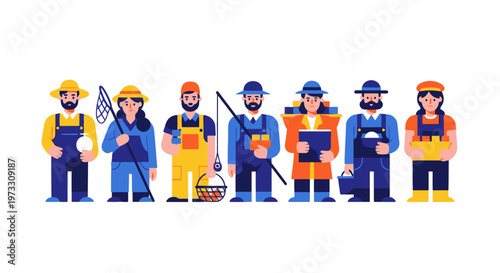 Diverse Professions Team Workers Fishing Farming Construction Holding Tools Isolated