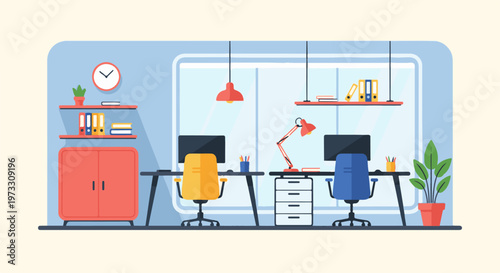 Modern office with two workstations, computer, chair, lamp, and filing cabinet