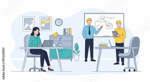 Two men and a woman collaborate in a modern office, using laptops and tablets