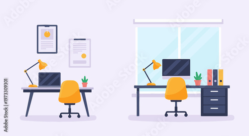 Two desks with chairs, computers, lamps, and plants, one by a window