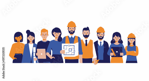 Diverse construction team with blueprints and laptops, ready for project success.