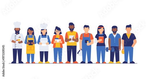 Diverse group of professionals in flat design style, representing various careers and teamwork.