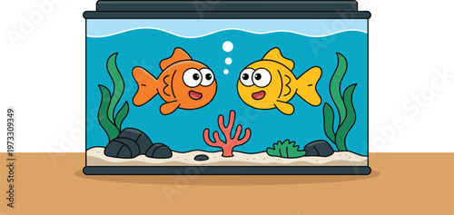 Cute cartoon aquarium vector illustration with two happy goldfish swimming in a glass tank with blue water coral seaweed and bubbles