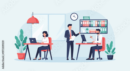 Office scene with three people working at desks, a clock and shelves with binders