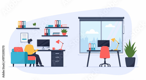 Person working at a computer in an office with a window view