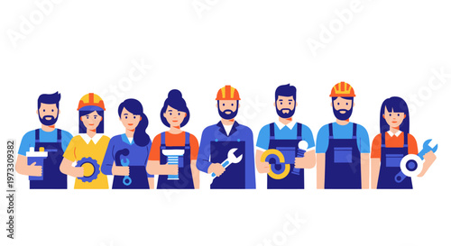 Diverse team of skilled workers in uniform, holding tools and gears, teamwork concept