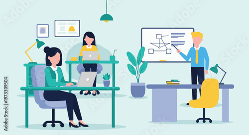 Office workers collaborate as a presenter explains a flowchart on a whiteboard