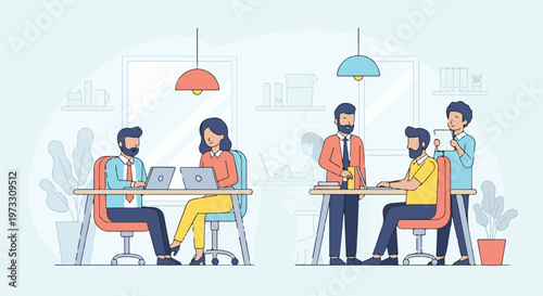 Diverse colleagues collaborate and work at desks in a modern, bright office environment