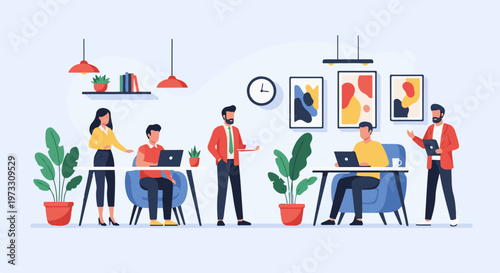 People working on laptops in a modern office with plants and art