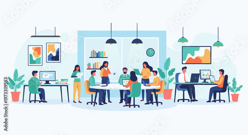 Modern office scene with diverse team collaborating around tables and desks