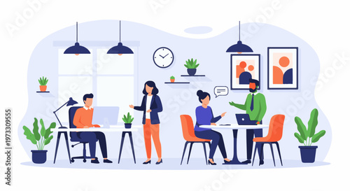 People collaborate in a modern office, working on computers and discussing ideas