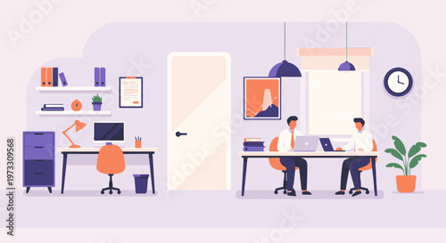 Two men work at desks in a modern, minimalist office space with purple filing cabinets and orange chairs
