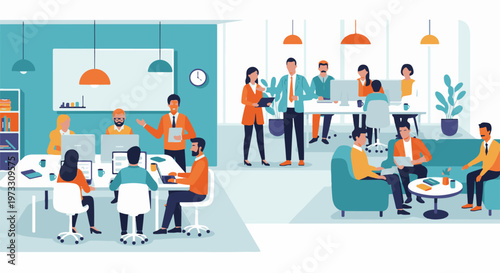 Diverse professionals collaborate in a modern office, engaged in tasks and discussions at desks and informal seating