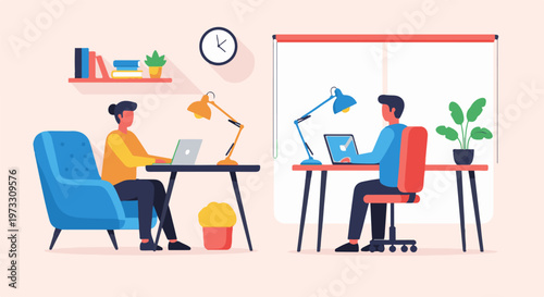 Two people working on laptops at separate desks in a well-lit room