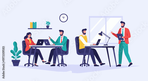 Office scene with people working at desks and one standing, conveying a productive environment