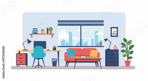 Cozy apartment living room with a modern desk and city view