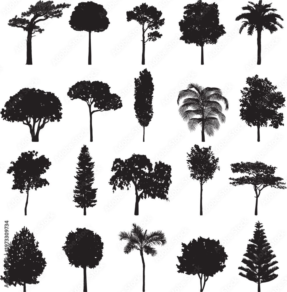 Fototapeta premium Diverse Tree Silhouettes: An array of detailed silhouettes, perfect for adding an element of nature to any design. Displaying different tree types