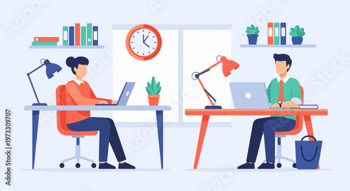 Two people working on laptops at desks with lamps and books in an office