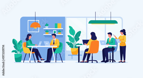 Modern office with people working on laptops and plants