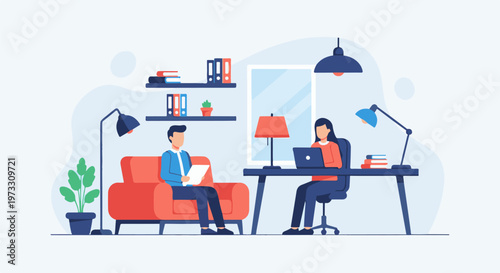 Two people work and study in a brightly lit, modern office space with plants and books