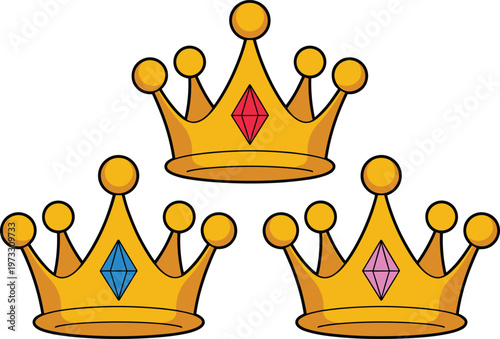 Luxury gold royal crown vector set with diamond cut ruby sapphire and amethyst gemstones for premium branding and awards on white