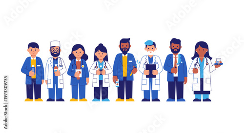 Diverse Medical Team Illustration: Doctors and Nurses Standing Together