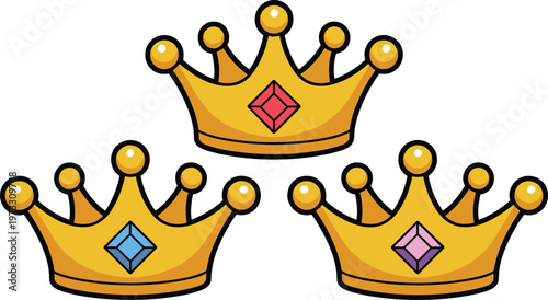 Golden royal crown vector set with sparkling red blue and purple diamond gemstones in luxury glossy 3D style for premium awards and king branding