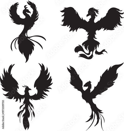 Phoenix Silhouettes: A collection of captivating phoenix silhouettes, symbolizing rebirth and renewal, elegantly depicted against a clean backdrop. 
