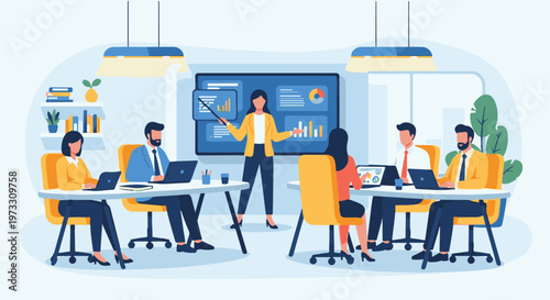 Colleagues attend a meeting, presenting data on a screen in a bright office