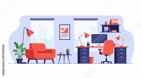 Modern home office setup with a red armchair and desk, illuminated by desk lamps