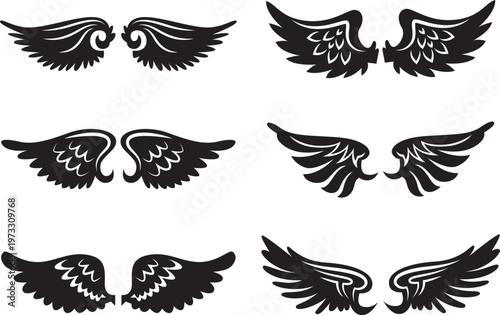 Wings Silhouette Collection: A diverse compilation of stylized wing silhouettes, perfect for adding a touch of ethereal elegance and symbolic meaning to your designs. 