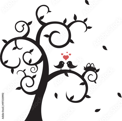 Everlasting Love: A whimsical illustration of love unfolds as two birds gaze at each other beneath a flurry of hearts and leaves in a stylized tree.