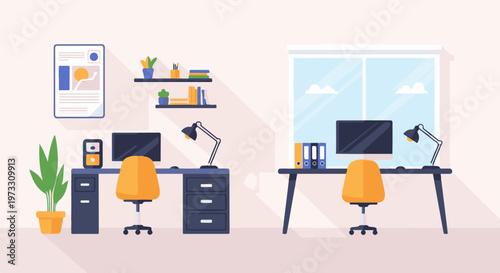 A minimalist illustration of two desks with computers and chairs, set against a bright, airy backdrop