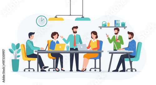 A group of diverse professionals collaborate around tables, laptops open, discussing ideas