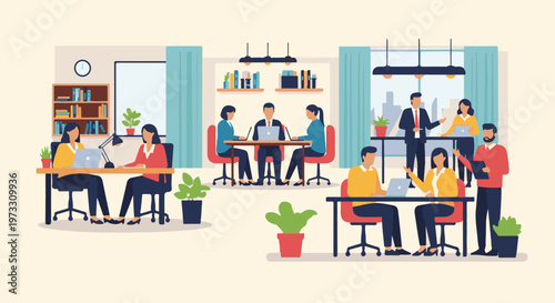 Diverse group collaborating in a modern, brightly lit office environment with plants