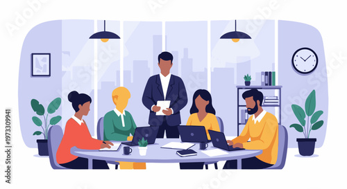 Diverse team in a modern office meeting, collaborating around a table with laptops and a presenter