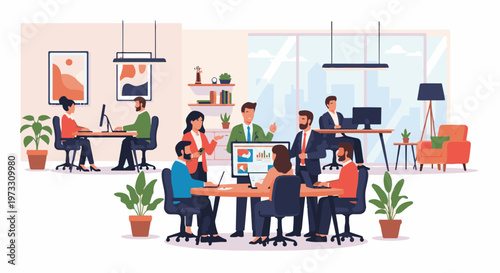 A diverse group of professionals collaborating in a modern, sunlit office space